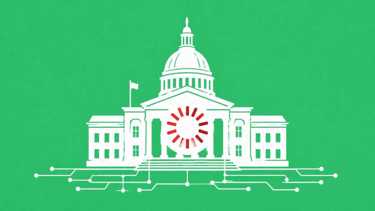 Minimalist vector art of the Tallahassee capitol building with a red loading icon on a green background, representing a cyberattack.