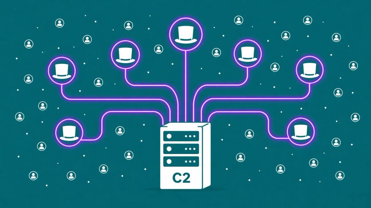 Minimalist flat vector illustration: a white top hat icon connected to a white C2 server by neon purple lines on a deep teal background, representing a botnet proxy connection.