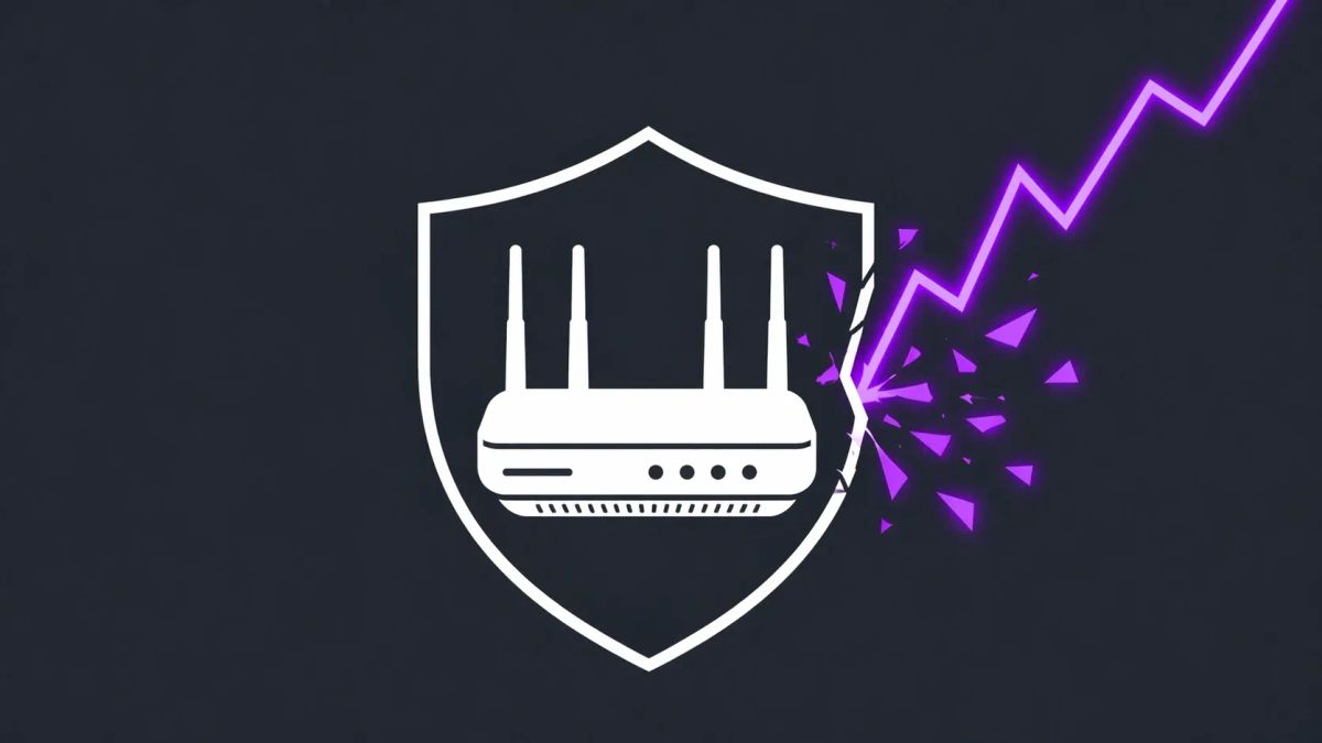 Minimalist flat vector illustration: a white router icon on a deep charcoal background, being struck by a neon purple jagged line that shatters upon impact.