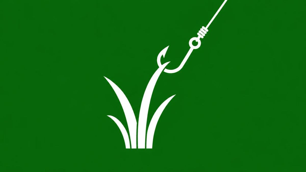 Minimalist white line art of a stylized blade of grass silhouette with a digital fishing hook snagged on it, overlaid on a solid Grass Green background.