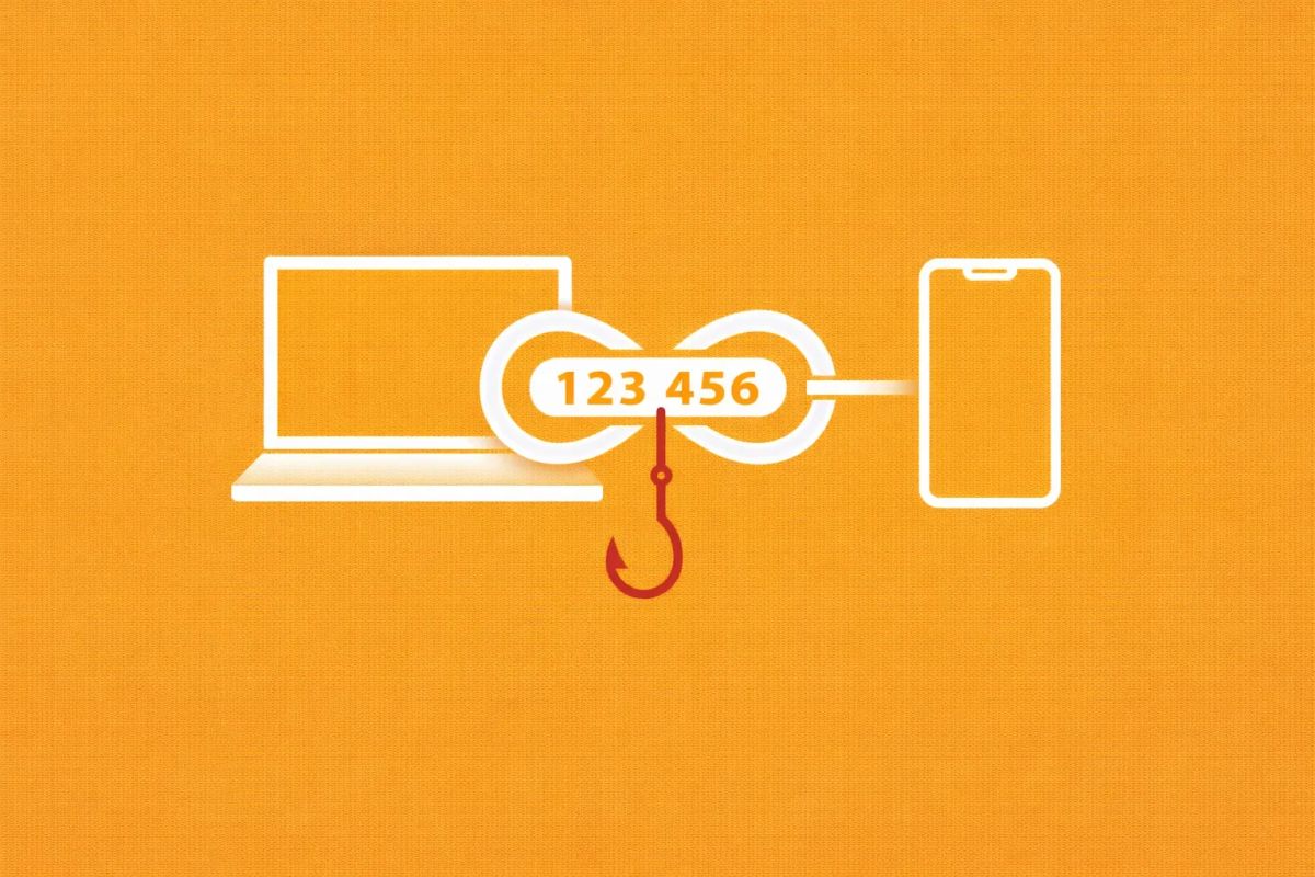 Minimalist vector art of a laptop and phone with an intercepted authentication code on an orange background.