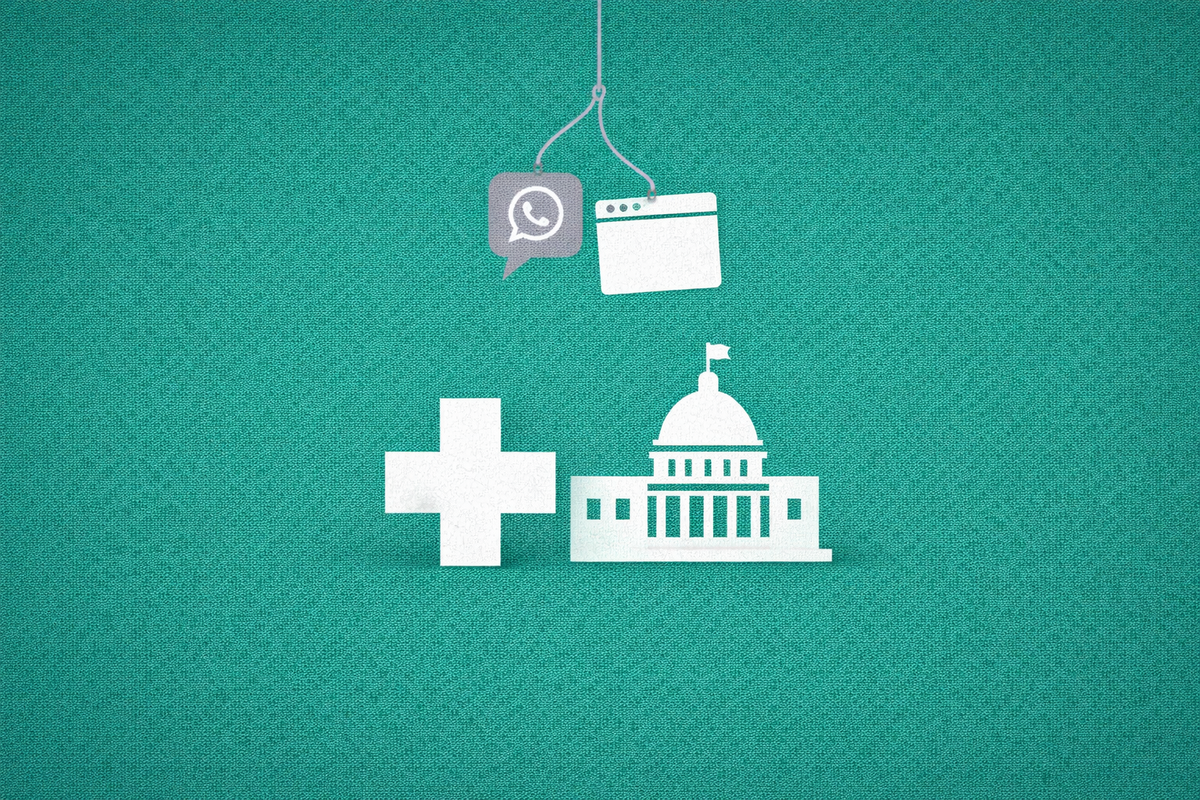 Minimalist vector art of a medical cross and government building with data being exfiltrated, representing the UAC-0247 attack.