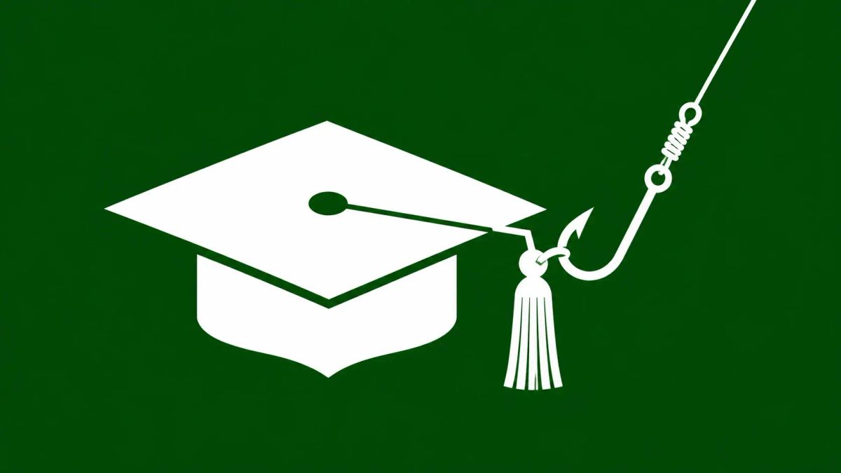 Minimalist white line art of a graduation cap silhouette with a digital fishing hook snagged on the tassel, overlaid on a solid Dark Green background.