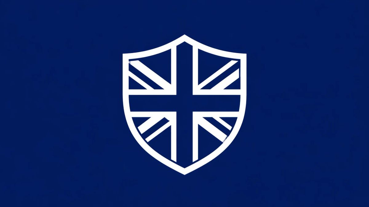 Minimalist white line art of the Union Jack flag stylized with a digital shield icon in the center, on a solid royal navy background.