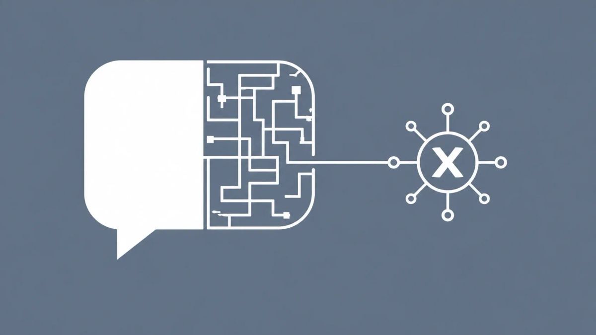 Minimalist white line art on slate gray showing a split chat bubble with geometric lines leading to a compromised network node, symbolizing deceptive help desk dialogue in Teams.
