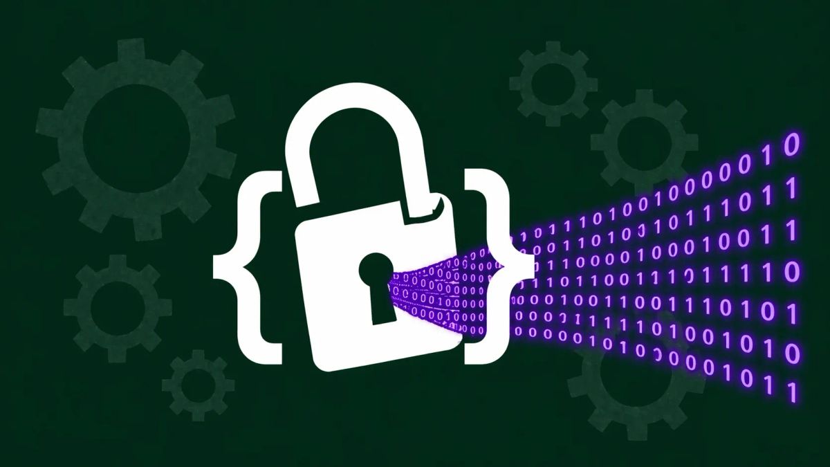 Minimalist flat vector illustration: a white open padlock entwined with code brackets, with neon purple binary code leaking out on a deep forest green background.