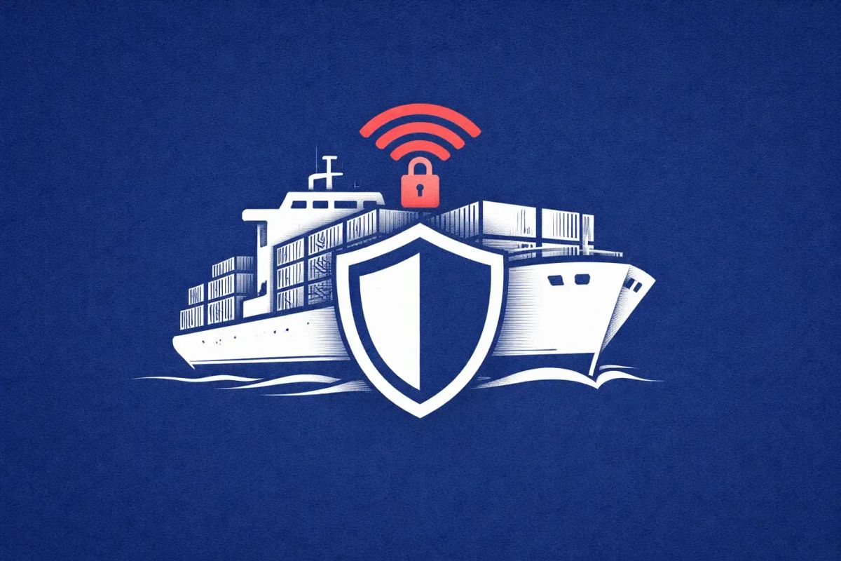 Minimalist vector art of a cargo ship and shield on a navy blue background, representing US Coast Guard cyber regulations.