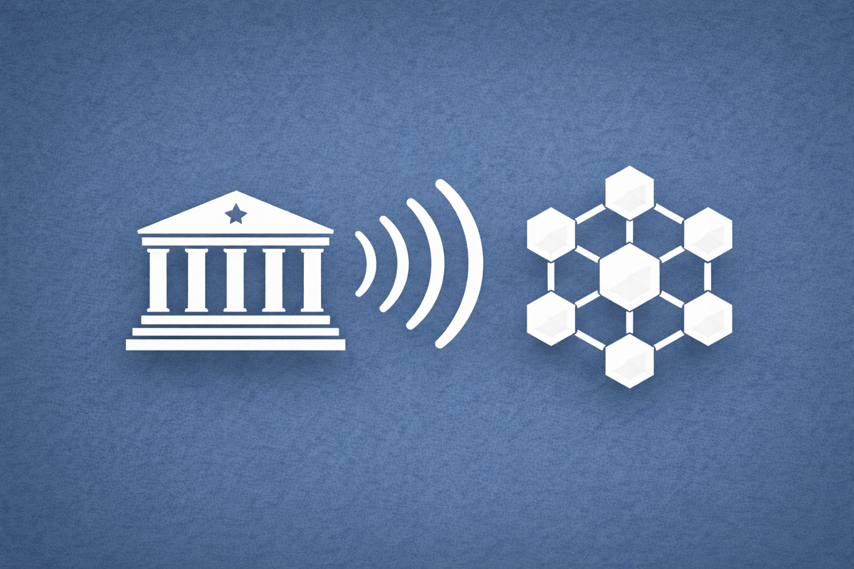 Flat vector art on a slate blue background. A white Treasury building icon transmits signal waves to a white blockchain hexagon icon, representing official intel sharing.