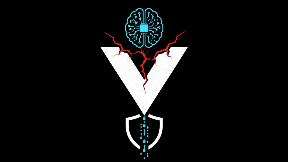 Minimalist vector art of a Vercel logo being cracked by a blue AI icon on a black background, representing the Context AI supply chain breach.