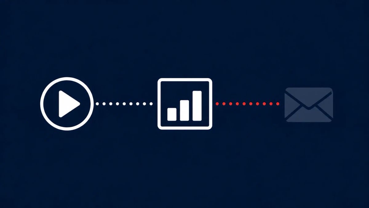 Play button connected by dotted line to an analytics chart, which leaks a red line to a stolen envelope icon, representing ShinyHunters exploiting Anodot's API to breach Vimeo user data.