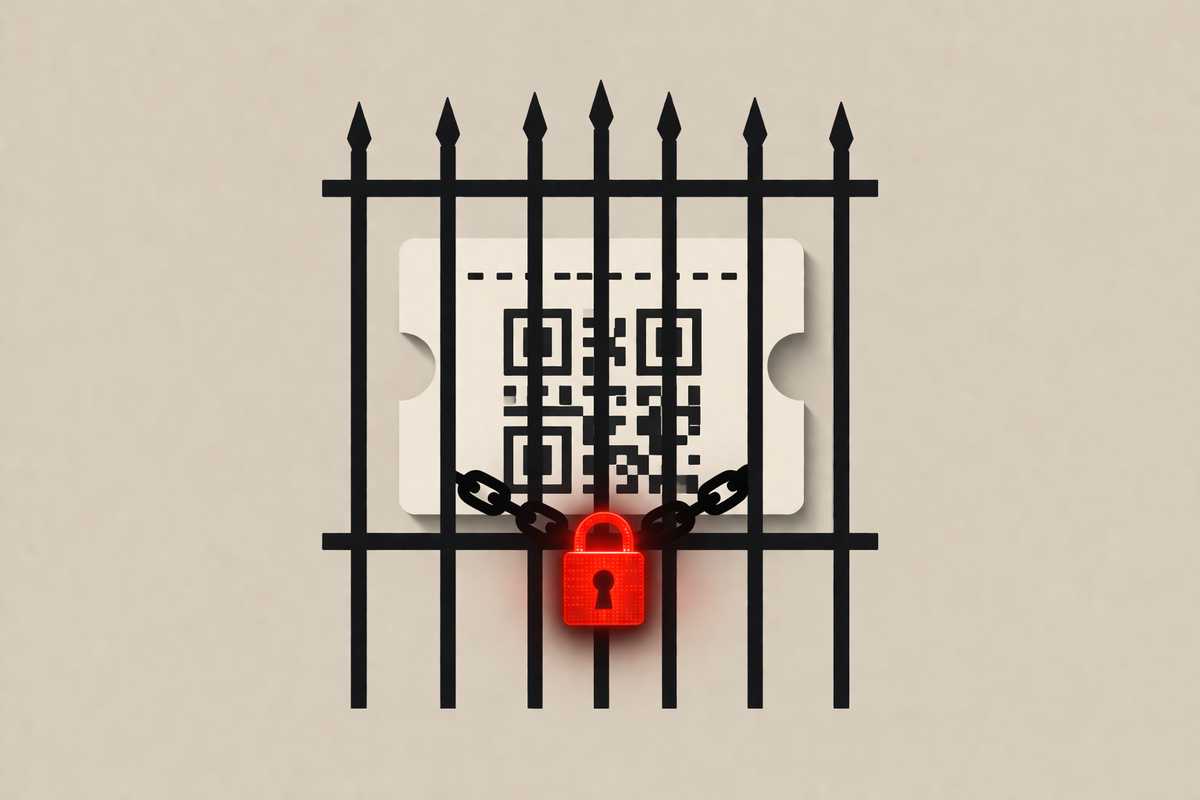 A digital ticket locked behind an iron gate with a red padlock, representing the Vivaticket ransomware attack and its impact on global museum ticketing systems.