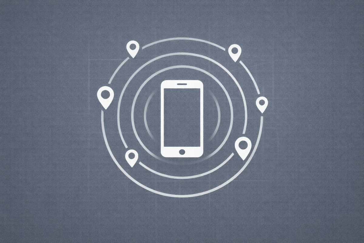 Minimalist vector art of a smartphone emitting sonar waves on a slate grey background, signifying the passive tracking of mobile devices.