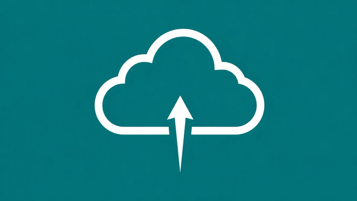 Minimalist white line art on a vibrant teal background showing a stylized cloud icon with a small upward arrow piercing the bottom, representing a malicious file upload exploit.
