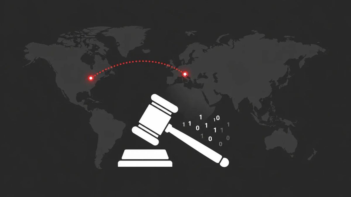Minimalist vector on Charcoal Grey: A white gavel icon overlaid with a red digital network map representing the U.S. and Italy connection.