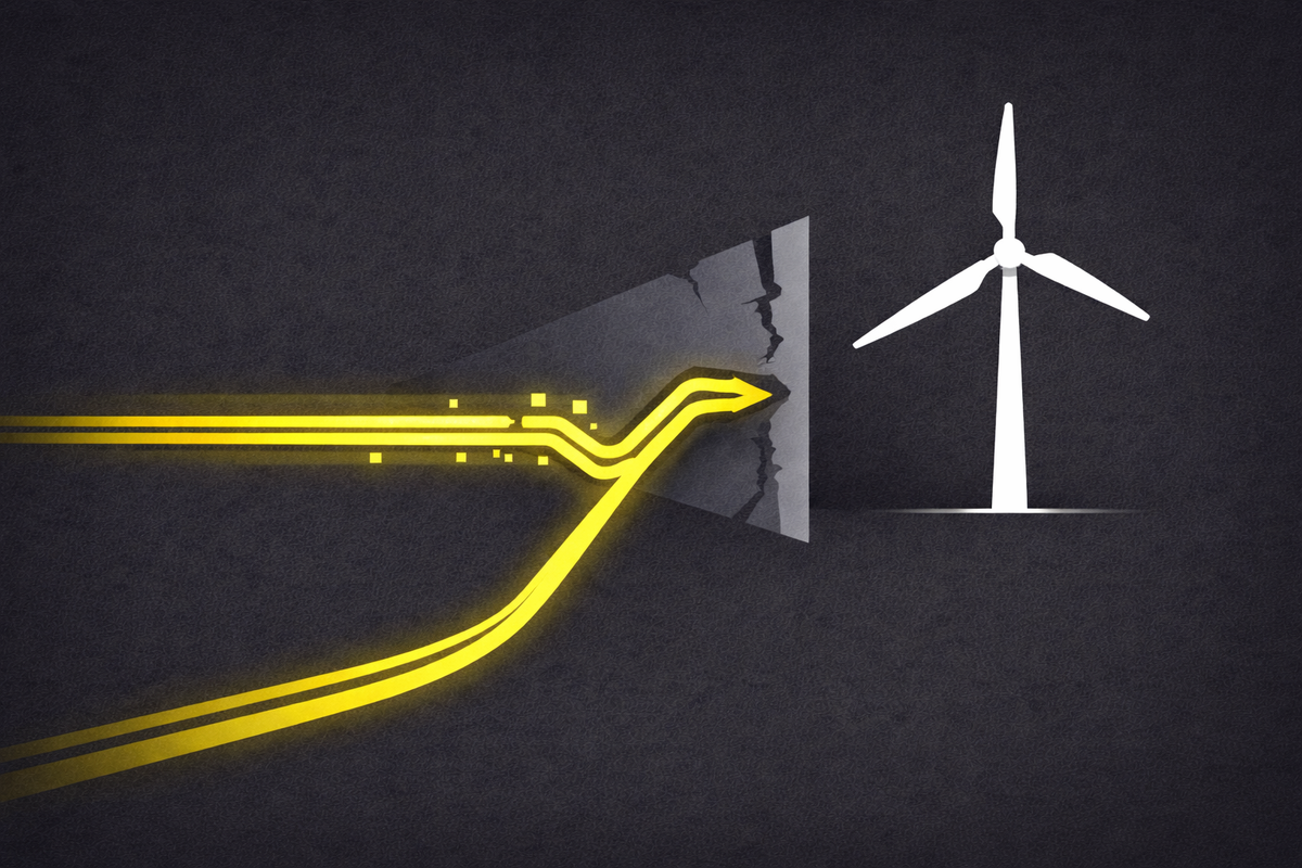 Flat vector illustration on a deep charcoal background. A white wind turbine icon is on the right, with an electric yellow line representing funds being diverted away by a grey barrier.