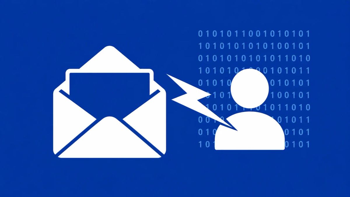 White line art on cobalt blue: an envelope with a lightning bolt inside connecting to a stylized user profile, symbolizing a zero-click XSS attack on an email account.