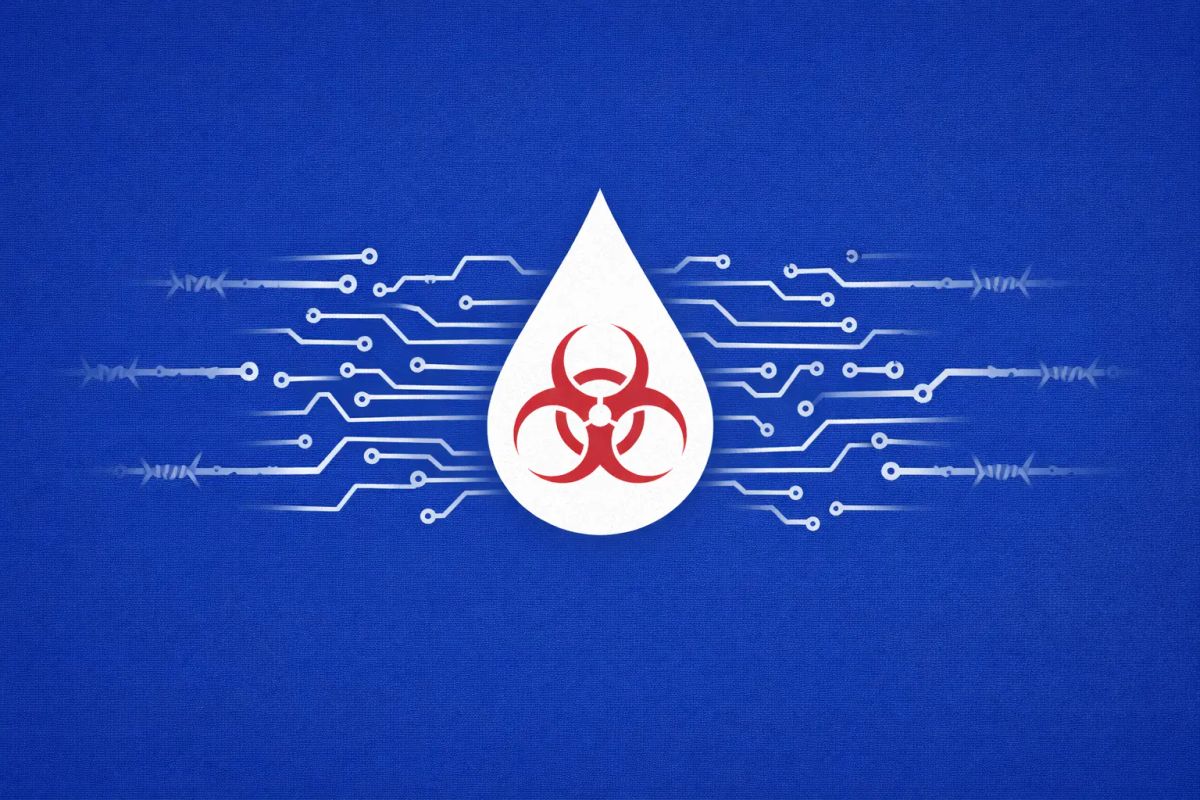 Minimalist vector art of a water drop with a biohazard symbol on a cobalt blue background, representing the ZionSiphon malware.