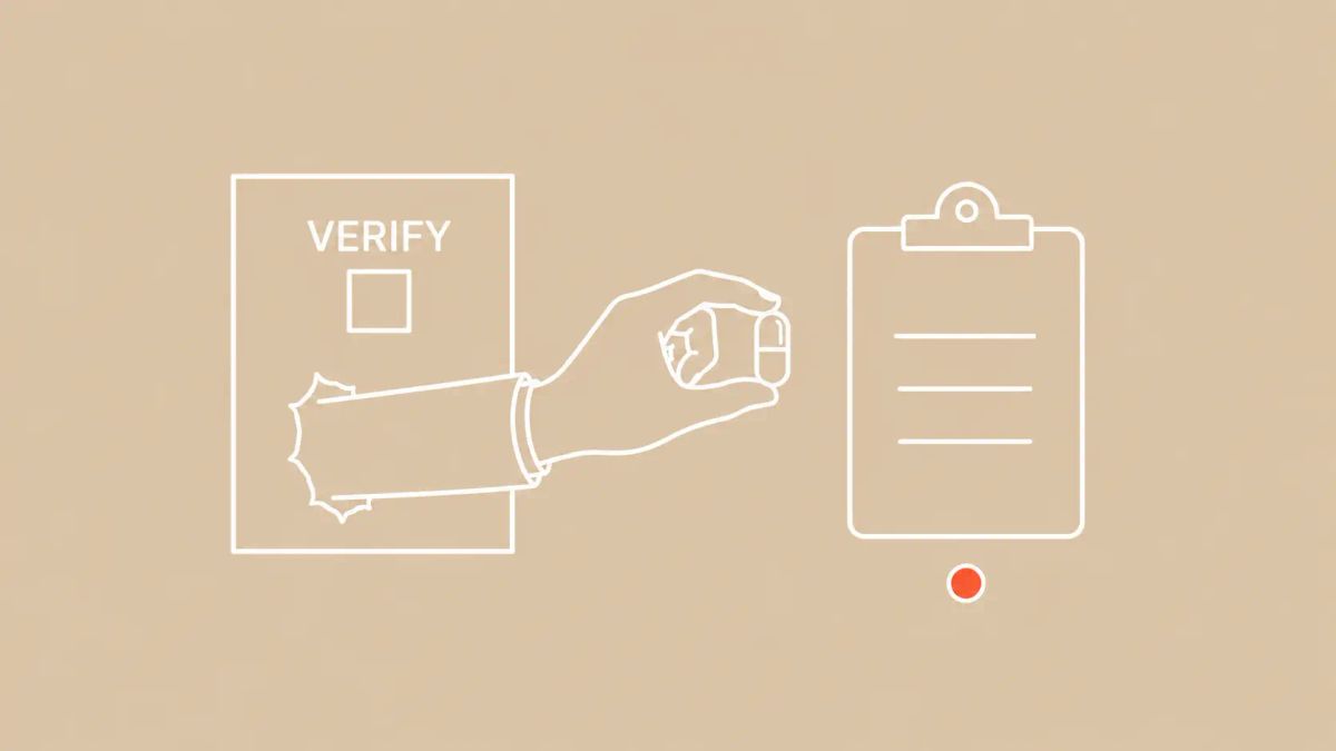 Minimalist white line art on beige: a hand emerges from a 'VERIFY' box holding a pill capsule toward a clipboard.