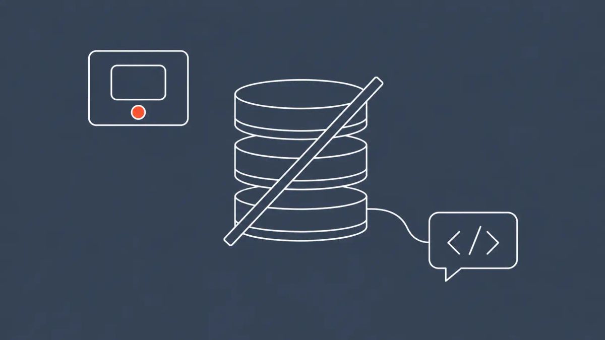 White line art on slate blue-grey: a stack of database cylinders with a diagonal slash, a video-call window with a red-orange end-call dot, and a chat bubble with code brackets.