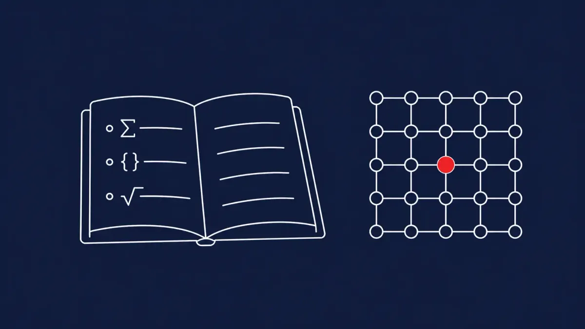 Line-art open book with mathematical equation symbols beside a small lattice grid; one lattice node carries a red dot.