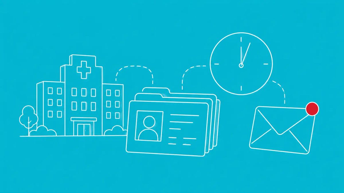 White line art on aqua: hospital silhouette, EHR record cards, ticking clock. Red dot as alert on the delayed notification envelope at center.
