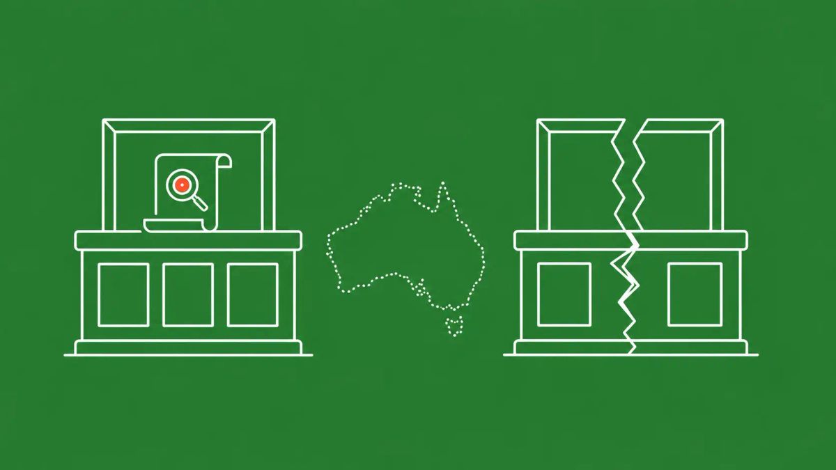 White line art on vivid emerald showing two facing tribunal-bench shapes — one intact with a folded scroll, one broken in half — connected by a faint Australian continent outline.