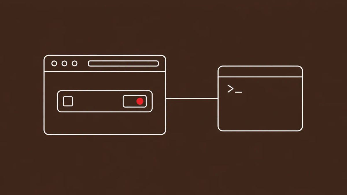 Line-art browser window with a checkbox and a button, linked through a clipboard icon to a terminal window; the button holds a red dot.