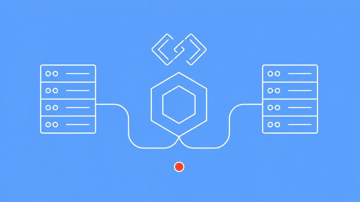 White line art on olive green: two server racks linked by a shared cable through a central hexagonal node, with a bracket-handshake symbol above and a red-orange accent dot.