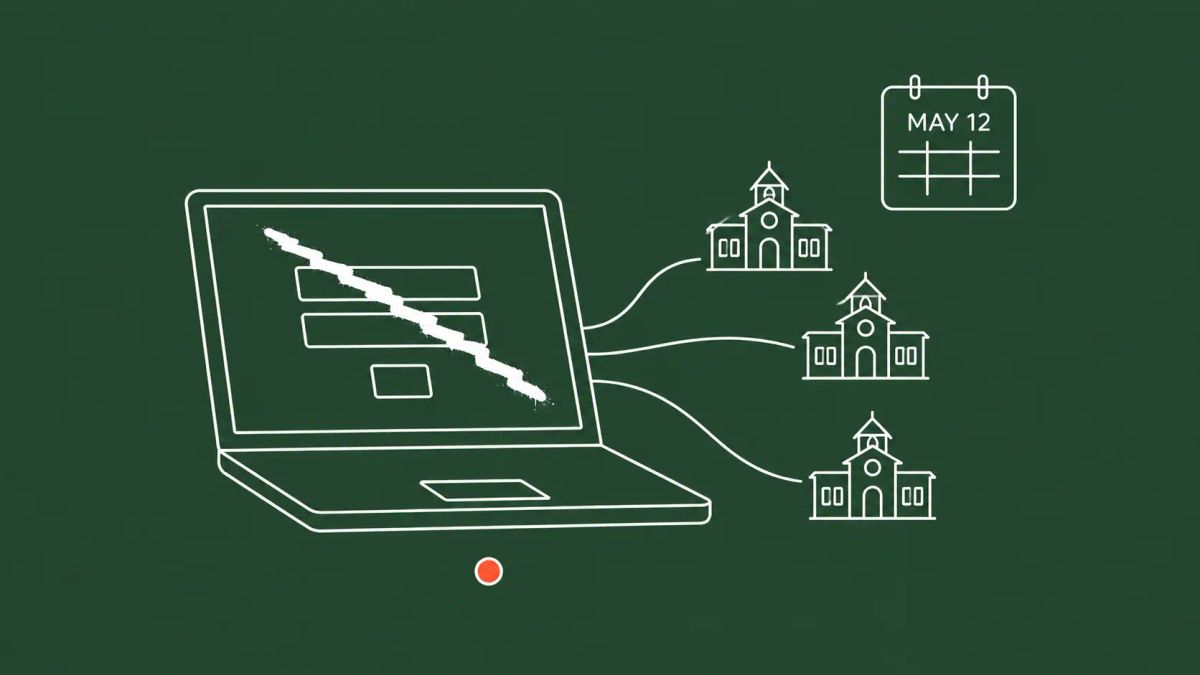 White line art on forest green: a laptop with a defaced login screen, three schoolhouse silhouettes connected by lines, a "MAY 12" calendar tile, and a red-orange accent dot.