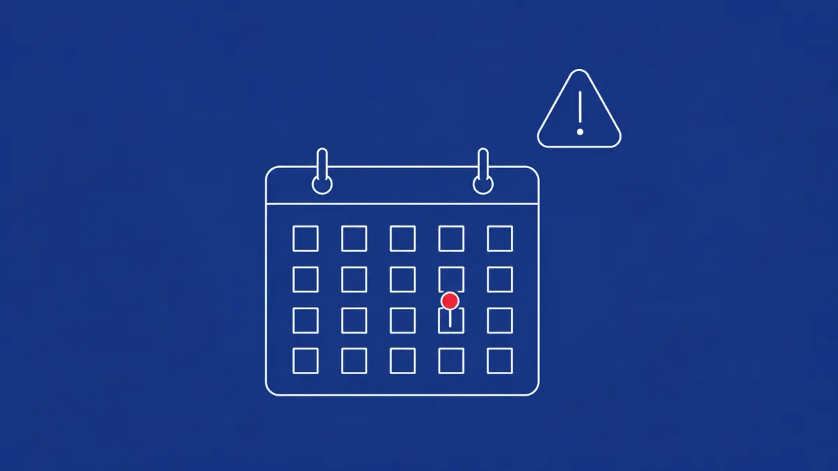Line-art wall calendar page with a small marker on a specific date beside a small generic alert icon; red dot on the calendar marker.