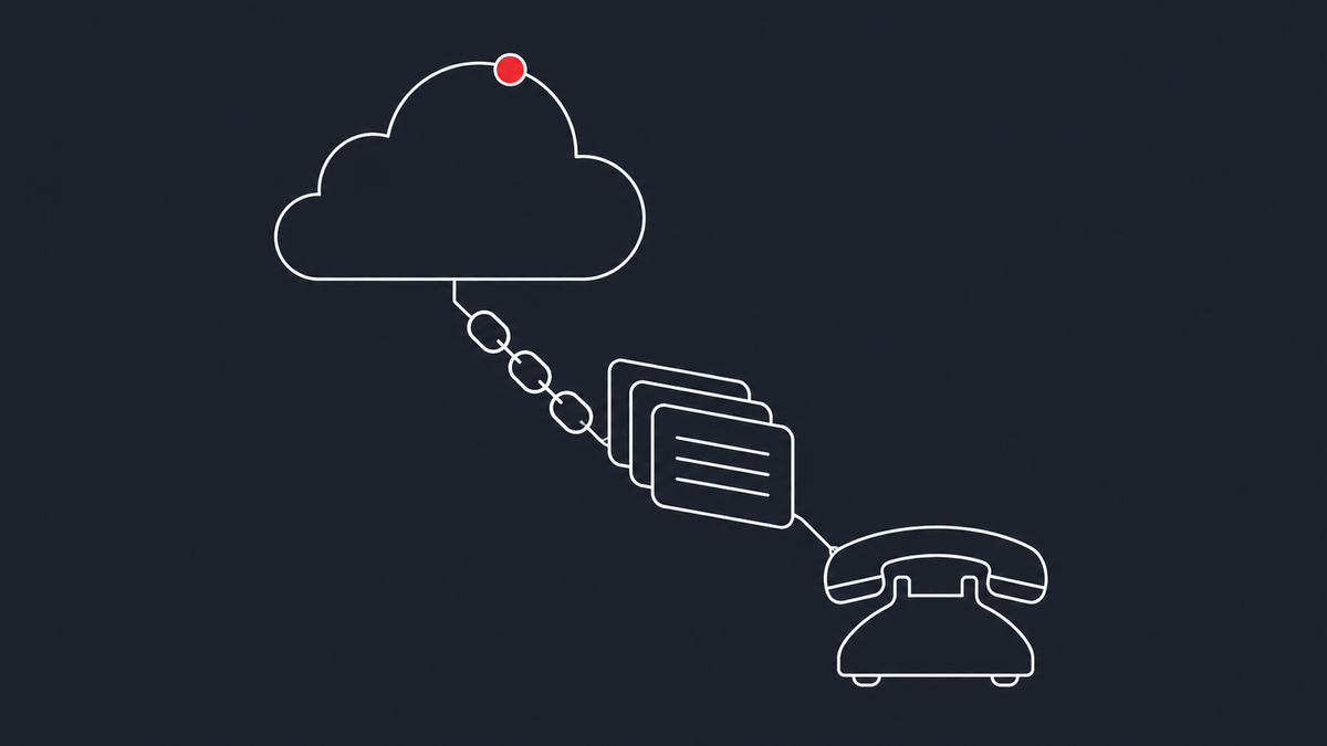 Line-art cloud icon connected by a chain to a small phone handset, with a stack of data records sliding out of the cloud; a single flat red dot marks the cloud.