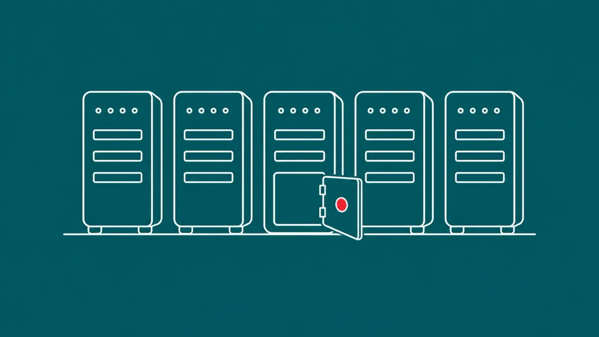 Line-art row of identical server towers; one tower has a small open door at the base of its panel, and a single flat red dot sits on the door.