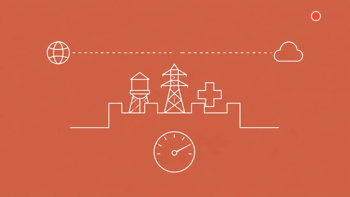 White line art on terracotta: a fortress wall protecting a water tower, transmission tower, and hospital cross; a severed dotted-line connection breaks above; isolation-mode dial below.