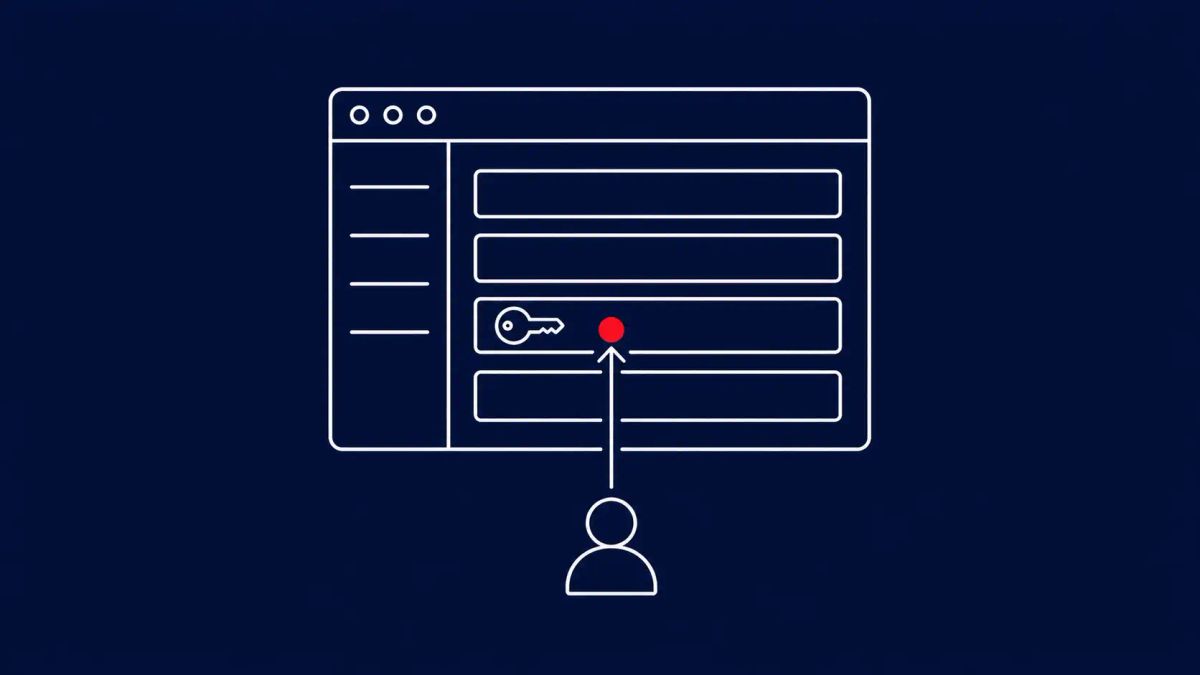 Line-art illustration of a control dial in extreme close-up crop on a deep navy background, with one flat red dot accent.