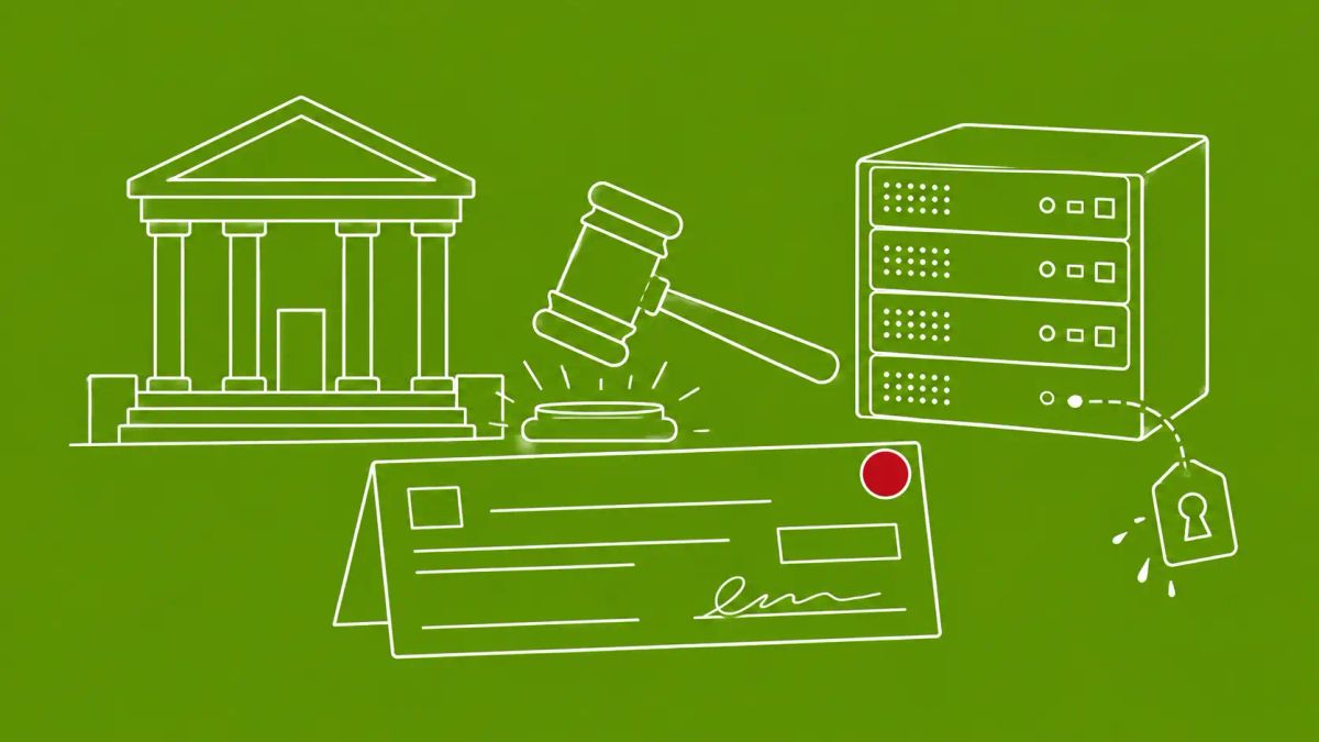 White line art on olive: courthouse silhouette, gavel, Citrix server rack with leaking session token. Red dot accent on the settlement check at center.
