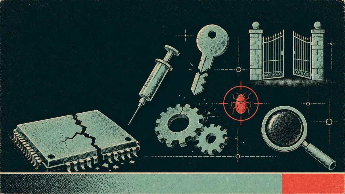 Editorial science-poster illustration of software-vulnerability symbols — a cracked memory chip, a syringe, a broken key, an open gate, and a gear.