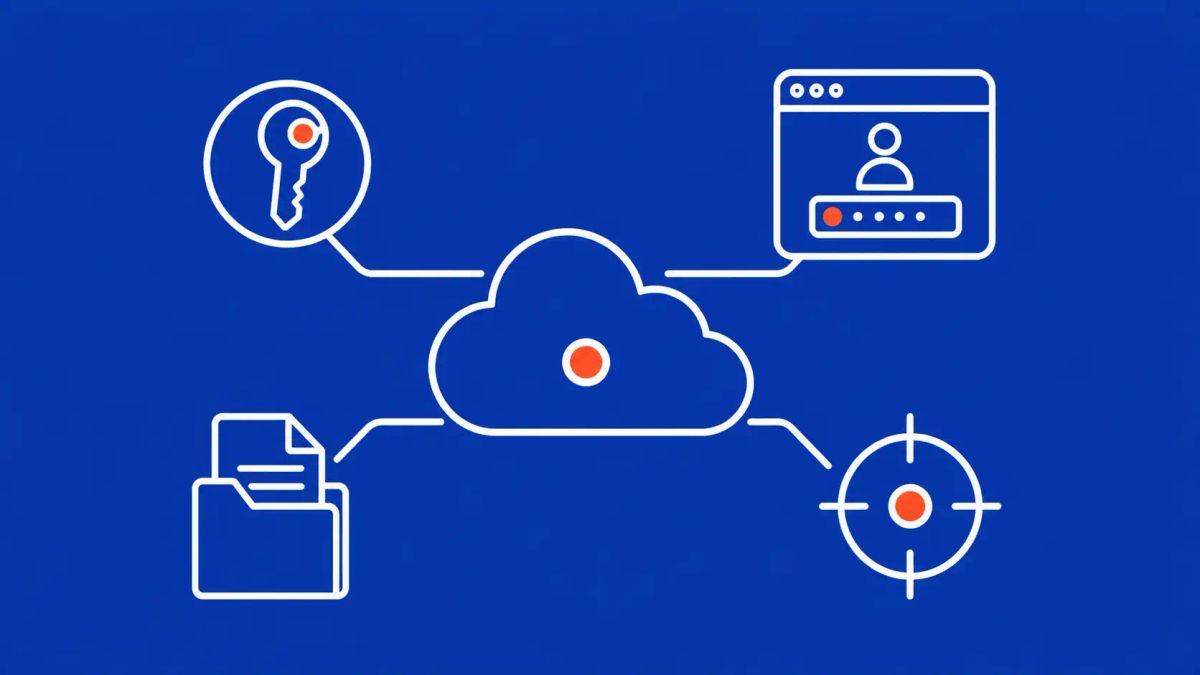 Cobalt blue background with a central white cloud icon linked by thin lines to a key, a sign-in window, a document folder, and a target reticle. Red-orange dots mark each focal point.