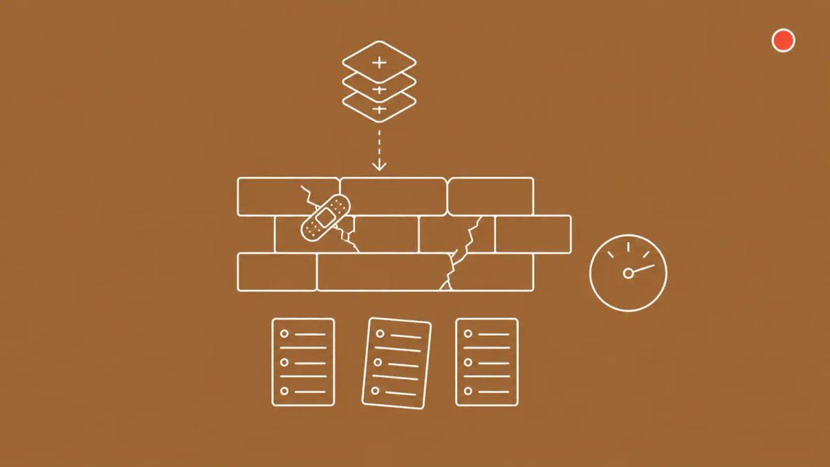 White line art on bronze: a cracked brick wall with one patched and one open crack, a stack of patch tiles descending, a remediation-cycle dial, three server racks with one tilted.