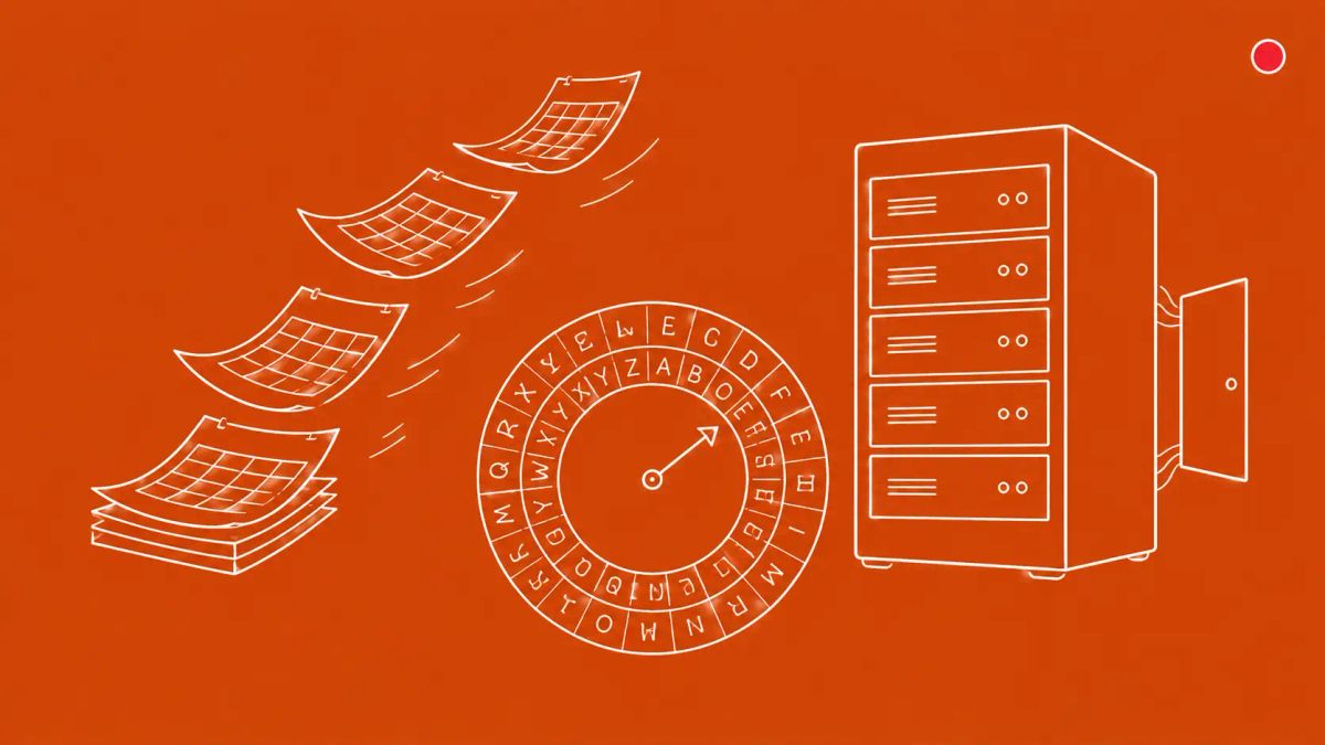 Vertical server rack with a small open back door, a Caesar cipher wheel with concentric circles and a pivot arrow in the center, six calendar pages curling away. 