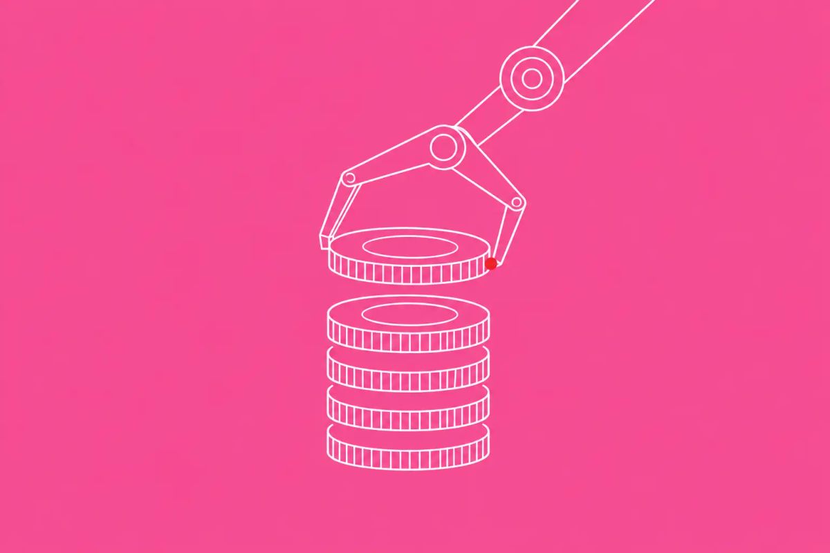 Line-art illustration of a stack of cryptocurrency coins with one being lifted away, depicting DPRK's $2.02 billion theft from the financial sector.