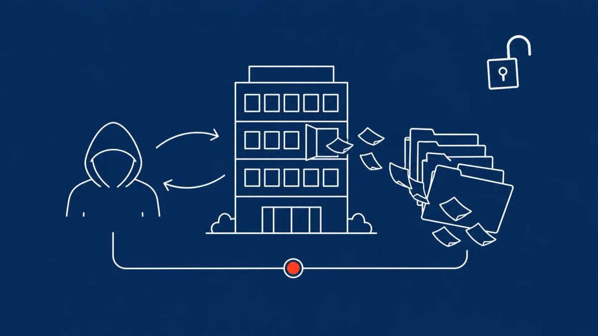 White line art on deep navy: a commercial office building with papers escaping through a cracked window, a hooded figure silhouette, a data pipe with red accent dot, and an open padlock.
