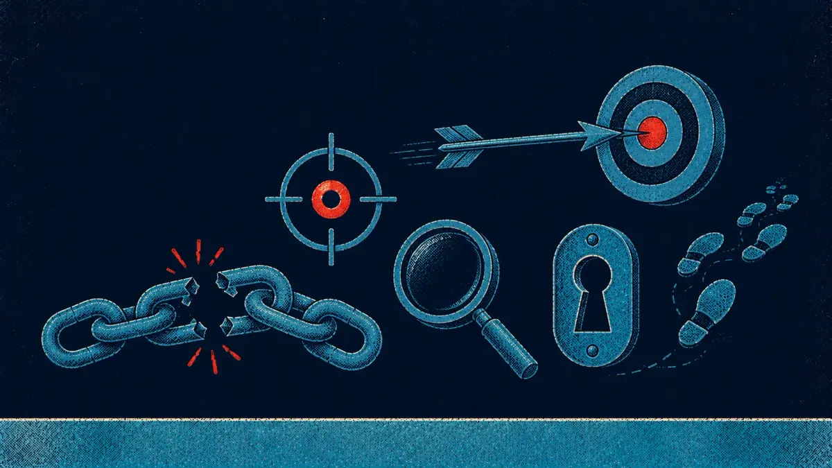 Illustration of a seven-link cyber kill chain with one link being broken by a defender.