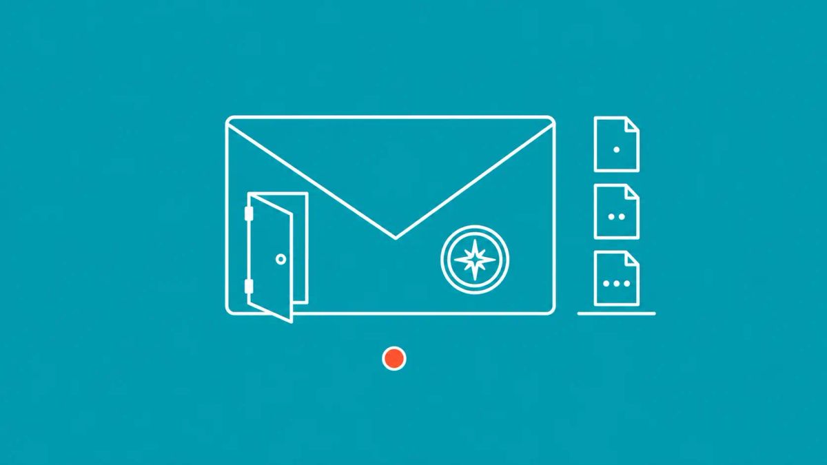 Minimalist white line art on bright cyan-teal: a wax-sealed envelope with a small backdoor cut into one side, beside three stacked file icons on a shelf.