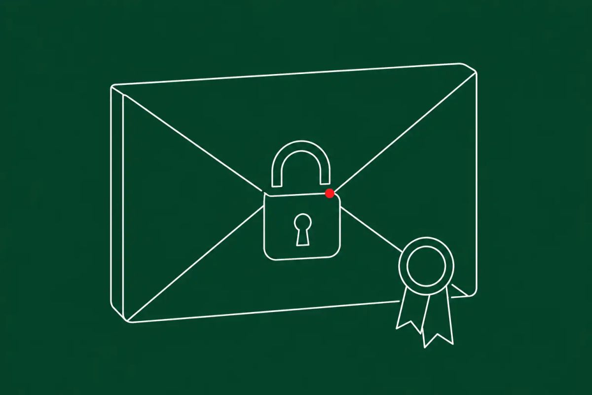 Line-art illustration of a digital envelope with a severed padlock seal, depicting the Exim Dead.Letter CVE-2026-45185 remote code execution flaw.