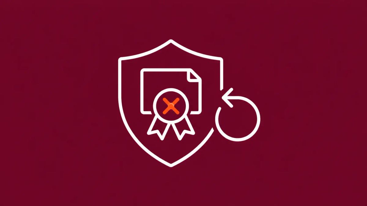 Minimalist white line art on cobalt blue showing a shield containing a certificate-ribbon icon mistakenly marked with a red X, alongside a circular restoration arrow.