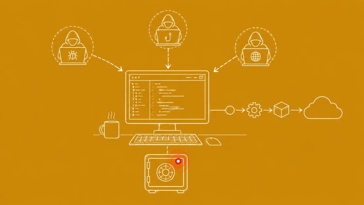 Line art on golden mustard: dev workstation with code monitor, three converging attacker arrows, deployment pipeline. Red dot accent on credential vault.