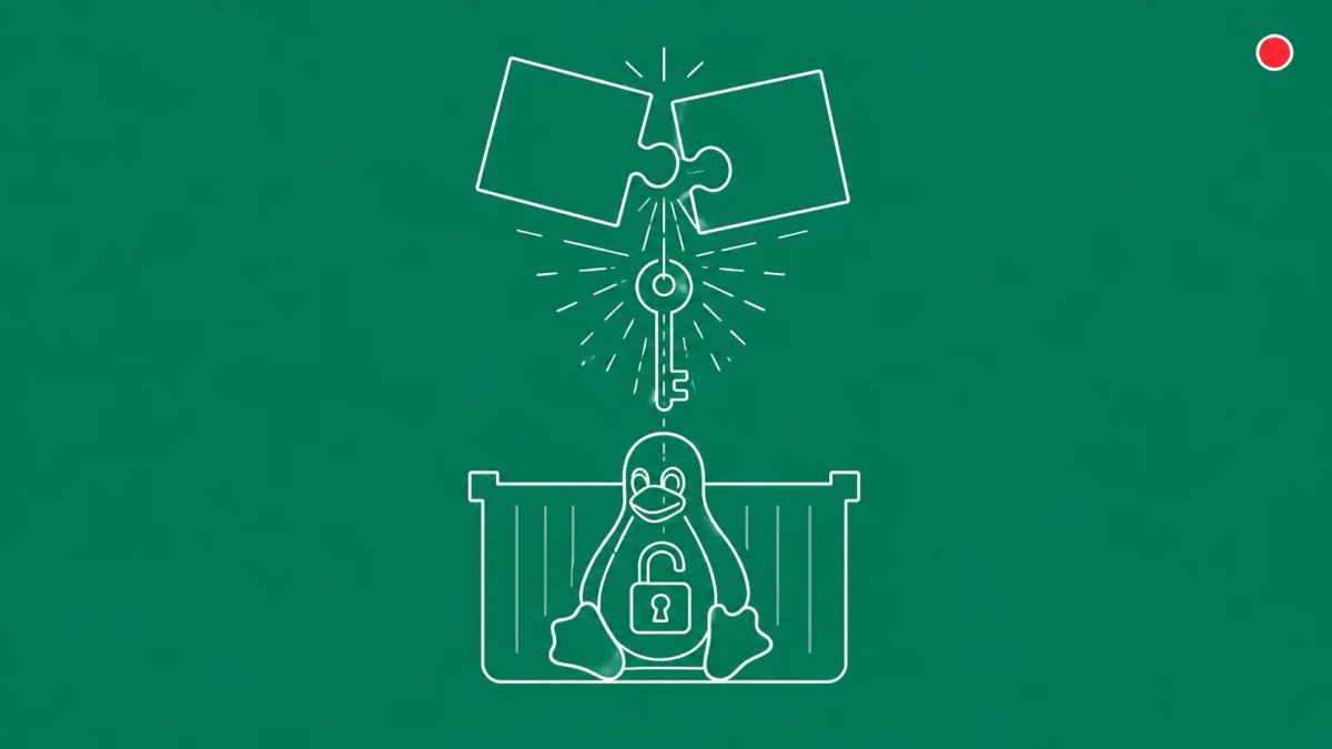 Two interlocking puzzle pieces clicking together with energy lines forming a skeleton key that descends to unlock a padlock on a Linux penguin silhouette. White line art on emerald green.
