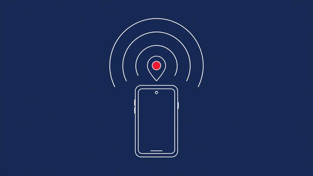 Line-art smartphone emitting concentric broadcast arcs above it, with a small map-pin icon at the center of the broadcast; the pin carries a single red dot.