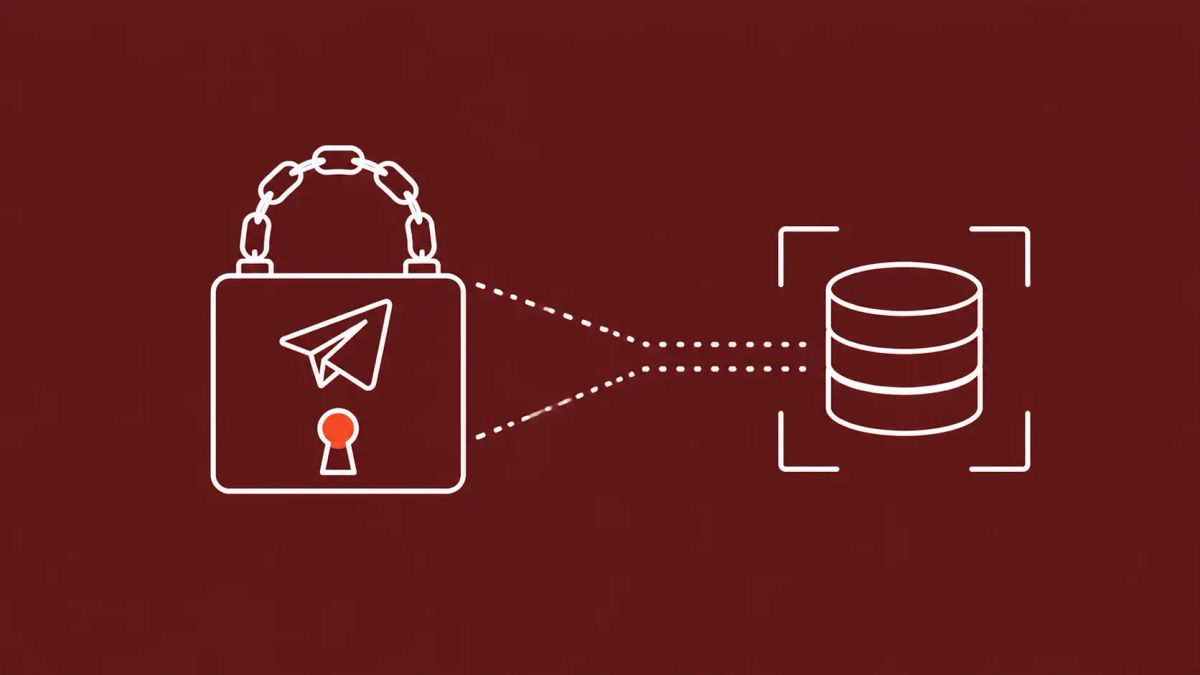 Minimalist white line art on deep burgundy showing a chained paper-airplane icon linked by a dotted funnel to three stacked coin discs captured inside a brackets-frame, with a red accent dot.