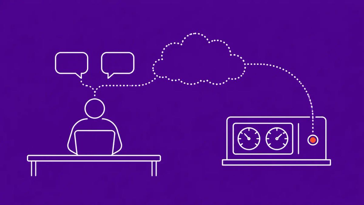 Minimalist white line art on deep purple: a person at a laptop with two speech bubbles merging into a dotted cloud that extends as a dotted line toward a SCADA panel.